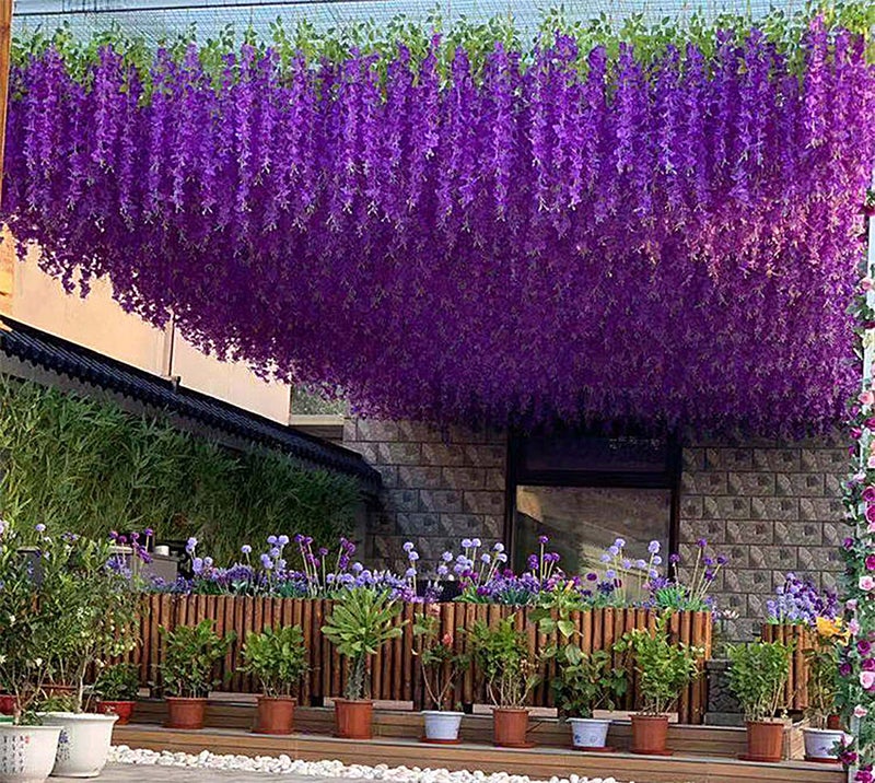 WEISPARK Fake Hanging Flowers - 12 Pieces 3.75 Feet/Piece Artificial Wisteria Vine Ratta Hanging Garland Silk Flowers for Home Party Wedding Decor (Purple) - Image 2