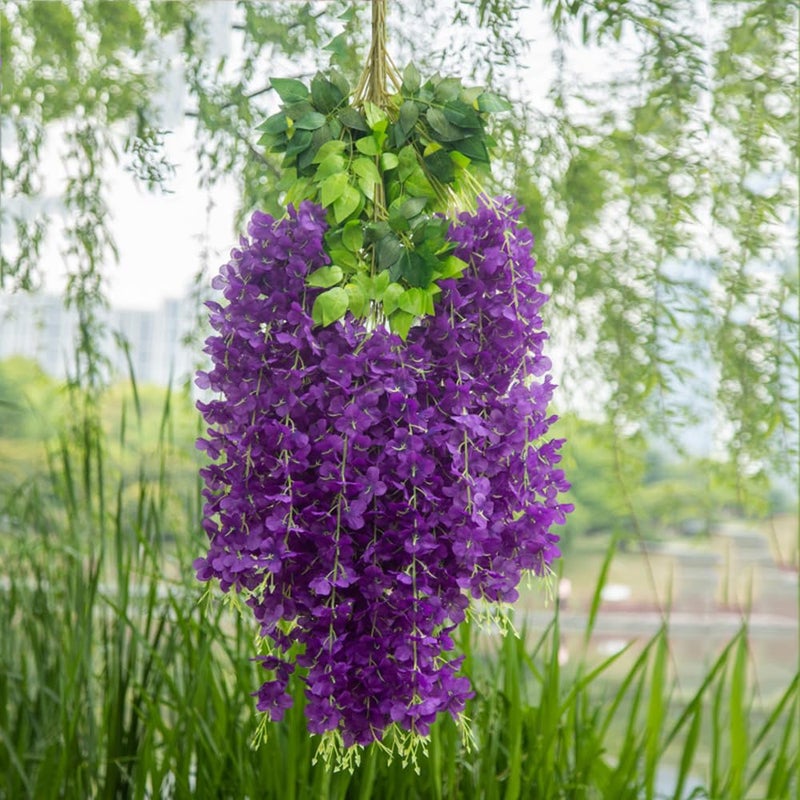 WEISPARK Fake Hanging Flowers - 12 Pieces 3.75 Feet/Piece Artificial Wisteria Vine Ratta Hanging Garland Silk Flowers for Home Party Wedding Decor (Purple) - Image 1