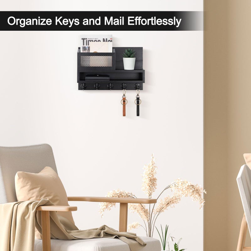 Lucundm Key and Mail Holder Wall Mount, Key Hanger with Long Storage Box and 5 Hooks for Coat, Dog Leash, Home Decor Rack, House Accessories, Entry Way Organizer 11.8â€W x 7.8â€H x 3.2â€D - Image 3