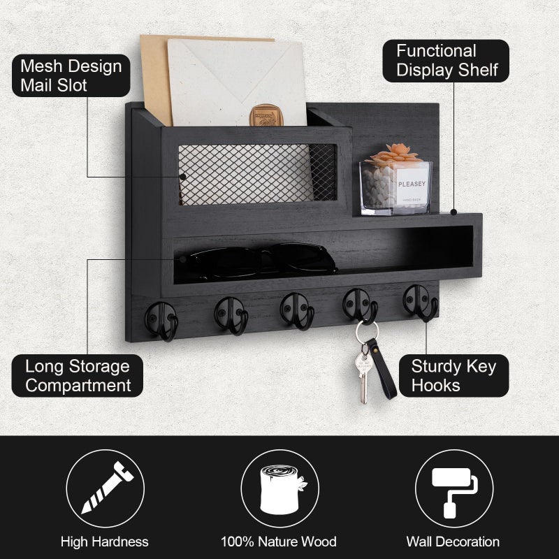Lucundm Key and Mail Holder Wall Mount, Key Hanger with Long Storage Box and 5 Hooks for Coat, Dog Leash, Home Decor Rack, House Accessories, Entry Way Organizer 11.8â€W x 7.8â€H x 3.2â€D - Image 2