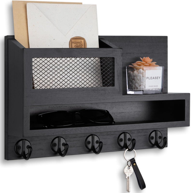Lucundm Key and Mail Holder Wall Mount, Key Hanger with Long Storage Box and 5 Hooks for Coat, Dog Leash, Home Decor Rack, House Accessories, Entry Way Organizer 11.8â€W x 7.8â€H x 3.2â€D - Image 1