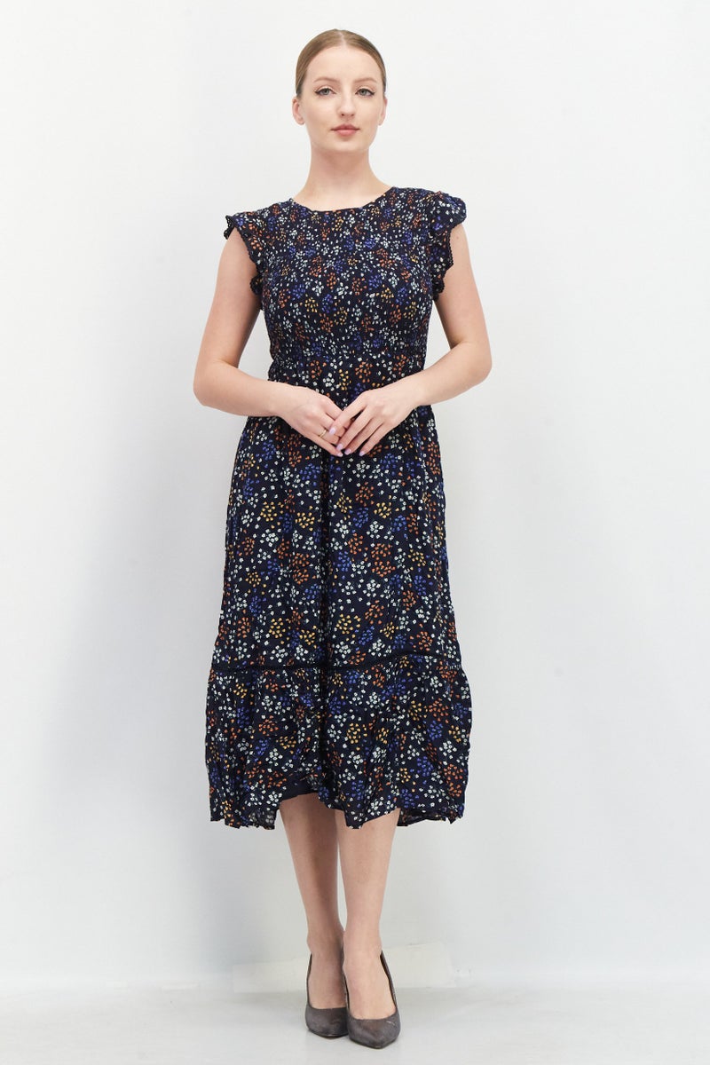 Lost + Wander Women Round Neck Cap Sleeve Floral Print  Midi Dress, Navy Combo - Image 1