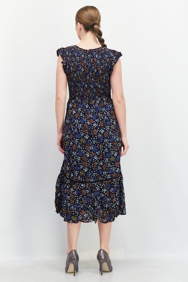 Lost + Wander فستان ميدي مزين بطبعة زهور بأكمام قصيرة و ياقة دائرية للنساء، مجموعة بحرية - Image 3