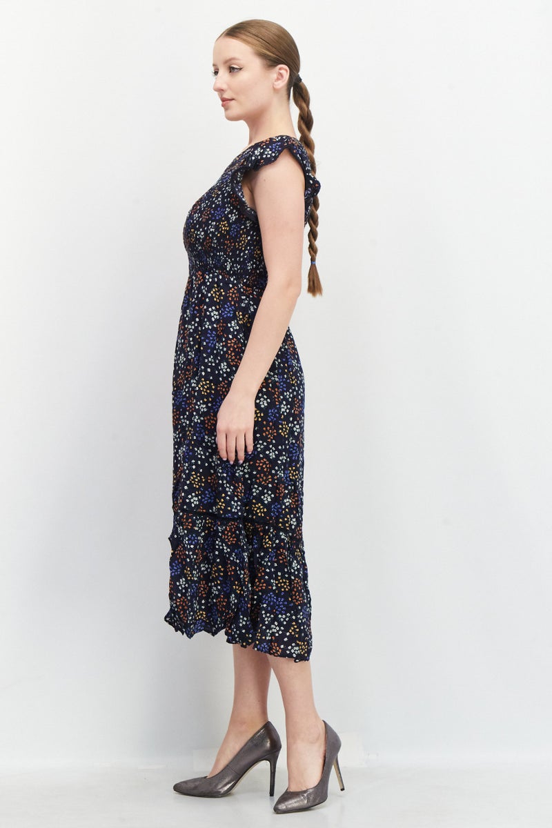 Lost + Wander فستان ميدي مزين بطبعة زهور بأكمام قصيرة و ياقة دائرية للنساء، مجموعة بحرية - Image 2