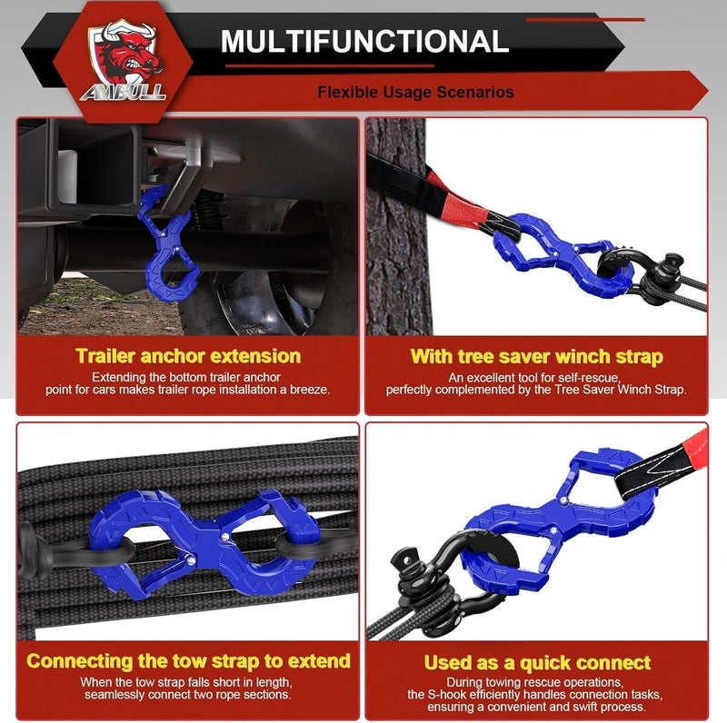 AMBULL 3/8 Tow Hook - Multifunctional Winch Hook for Off-Road Recovery, 33000 Lbs Capacity, Blue - Image 3