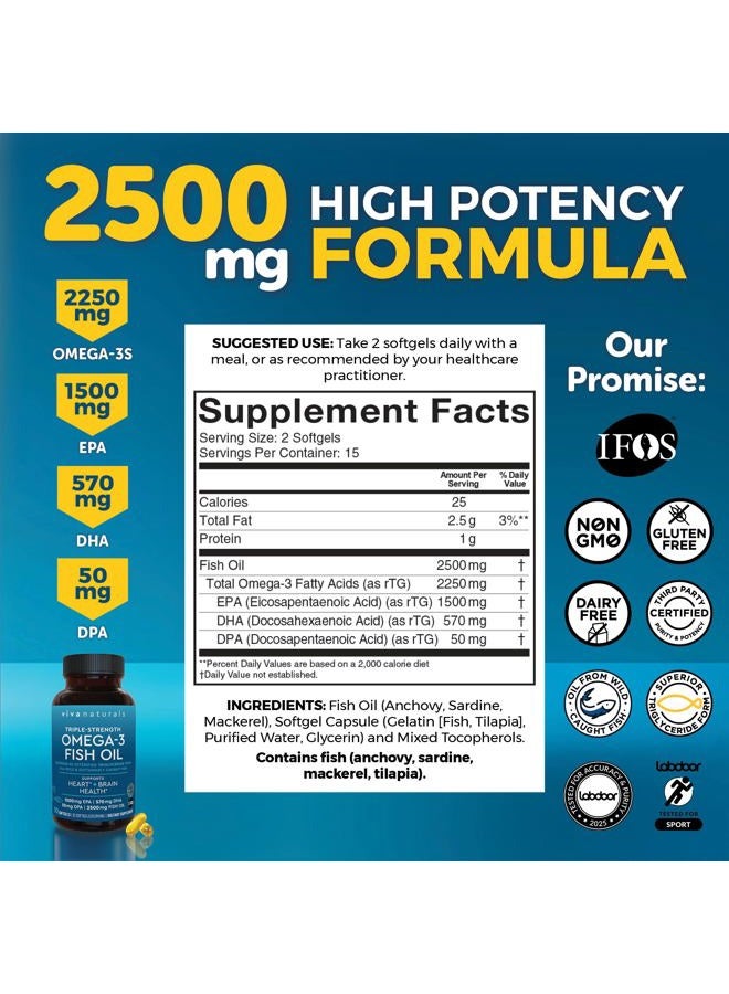 Viva Naturals مكمل زيت السمك أوميغا 3 للنساء والرجال - 2500 ملغ من كبسولات زيت السمك ثلاثية القوة مع أحماض أوميغا 3 الدهنية المعاد استرادها بما في ذلك EPA و DHA و DPA - 30 كبسولة لينة مناسبة للنباتيين - Image 2