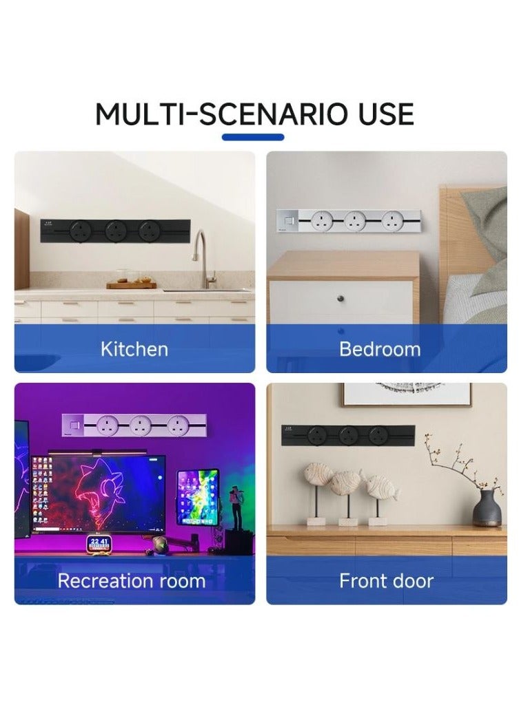 Power Track Socket Wall Mounted Sliding Rail GREY 60cm with 3 AC Universal Outlet adapters, USB-C port charging Wall Outlet,Suitable for Kitchen, Living Room, Study, Office - Image 3