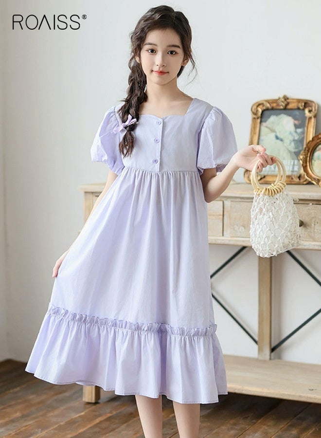 roaiss Girls A Line Dress with Button Design, Square Neck Puff Sleeve Dress with Ruffled Design, Stylish Chic Midi Frock for Girls, Suitable for Daily Wear, Birthday Parties or Any Occasion - Image 1
