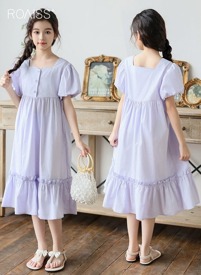 roaiss Girls A Line Dress with Button Design, Square Neck Puff Sleeve Dress with Ruffled Design, Stylish Chic Midi Frock for Girls, Suitable for Daily Wear, Birthday Parties or Any Occasion - Image 2