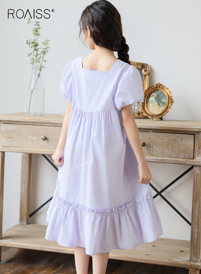roaiss Girls A Line Dress with Button Design, Square Neck Puff Sleeve Dress with Ruffled Design, Stylish Chic Midi Frock for Girls, Suitable for Daily Wear, Birthday Parties or Any Occasion - Image 4