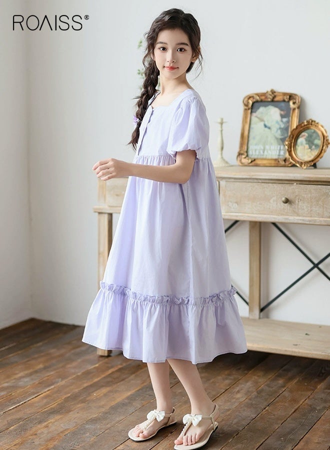 roaiss Girls A Line Dress with Button Design, Square Neck Puff Sleeve Dress with Ruffled Design, Stylish Chic Midi Frock for Girls, Suitable for Daily Wear, Birthday Parties or Any Occasion - Image 3