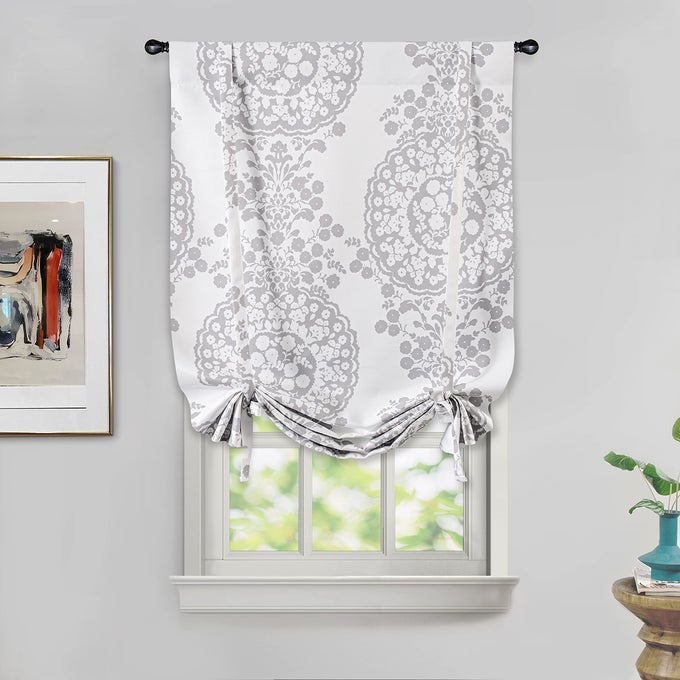 Damask Curtains for Kitchen Bathroom Laundry Room Small Windows Floral Damask Medallion Patterned Adjustable Tie Up Curtain Single 39 Inch by 55 Inch Gray