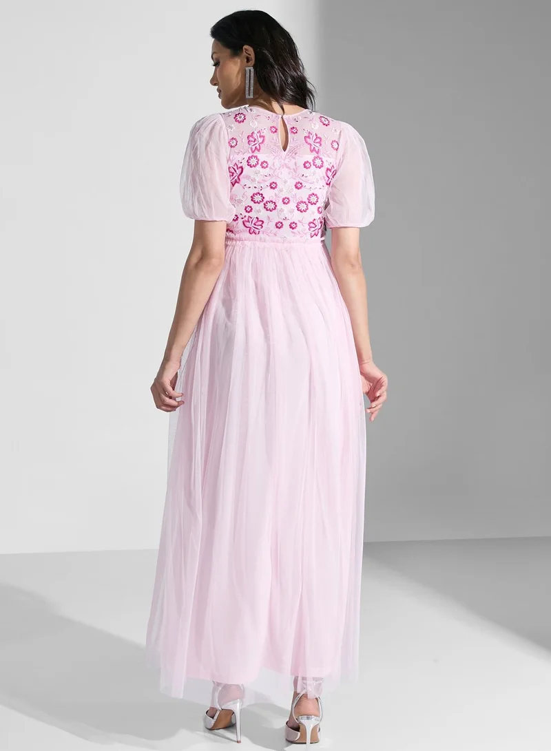 Frock and Frill Mesh Plisse Embroidered Dress