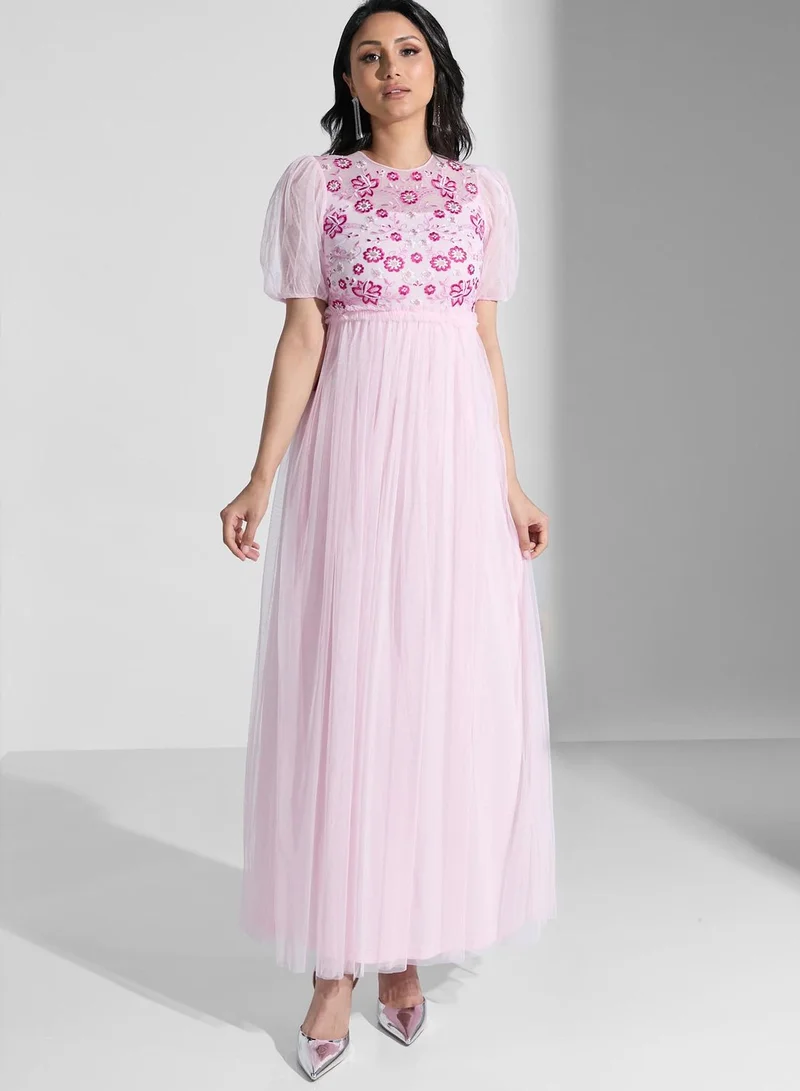 Frock and Frill Mesh Plisse Embroidered Dress