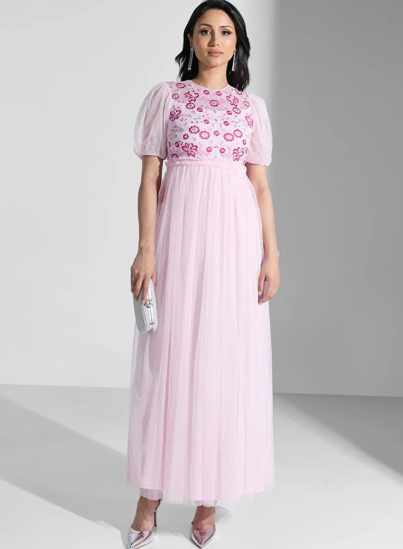 Frock and Frill Mesh Plisse Embroidered Dress