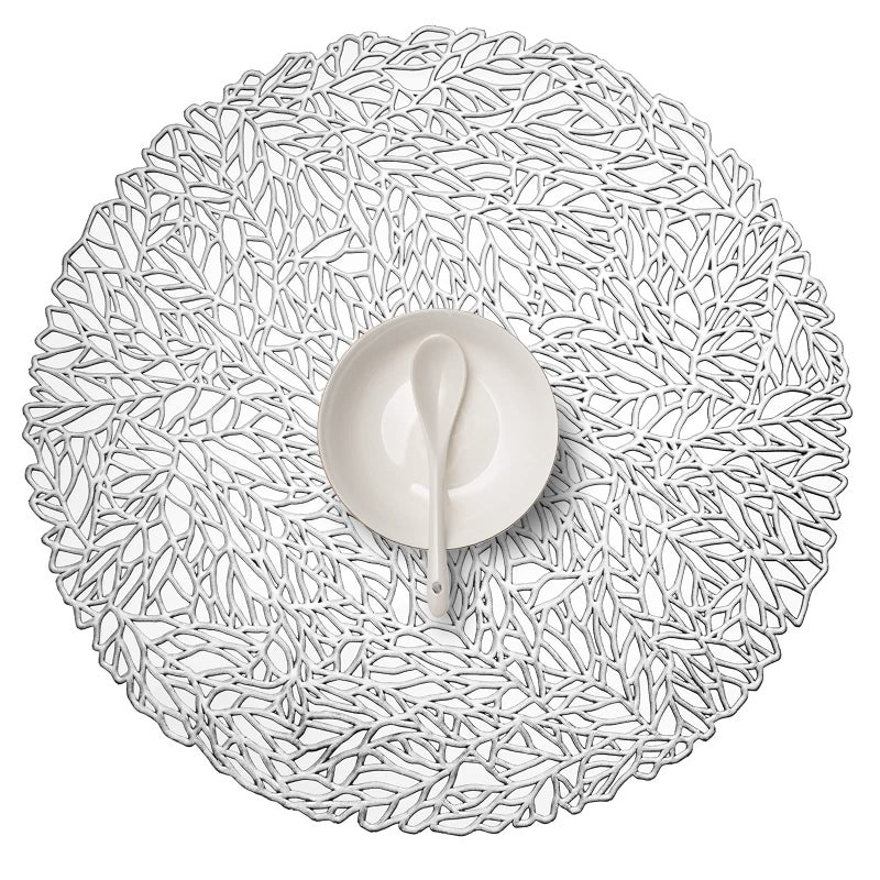 FunWheat Round Metallic Sliver Vinyl Placemats Set of 6 15 inches Hollow Out Placemats HeatResistant Place mats Shining Table Mat Coral Sliver