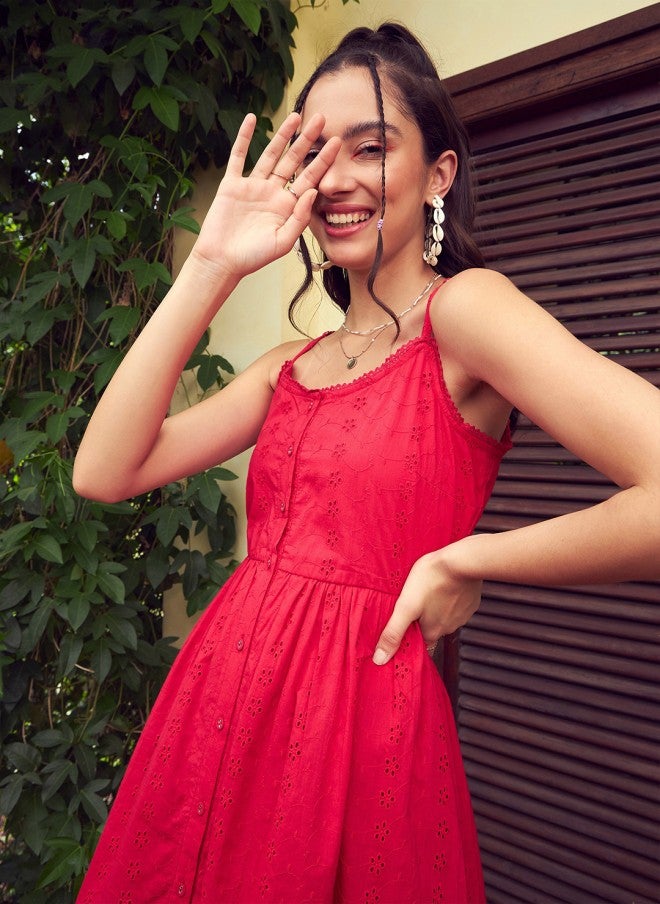 SASSAFRAS Red Schiffli A-Line Cotton Dress for Women - Image 2