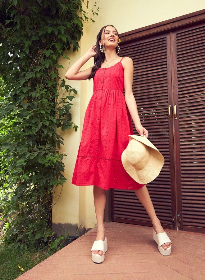 SASSAFRAS Red Schiffli A-Line Cotton Dress for Women - Image 5