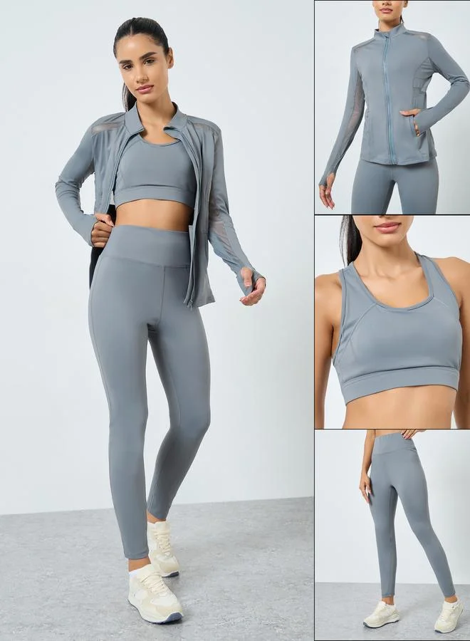 Styli Styli Pack of 3 - Mesh Insert Pocket Detail Jacket, Raceback Sports Bra and Leggings