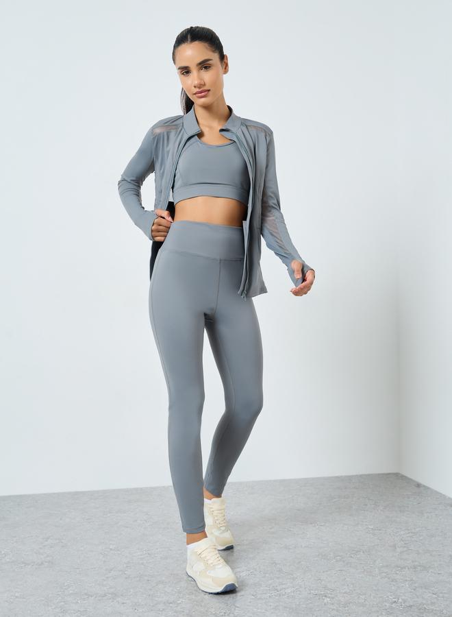 ستايلي اكتيف طقم من 3 - جاكيت بتفاصيل جيب شبكي وحمالة صدر مع ليقنز - Image 2