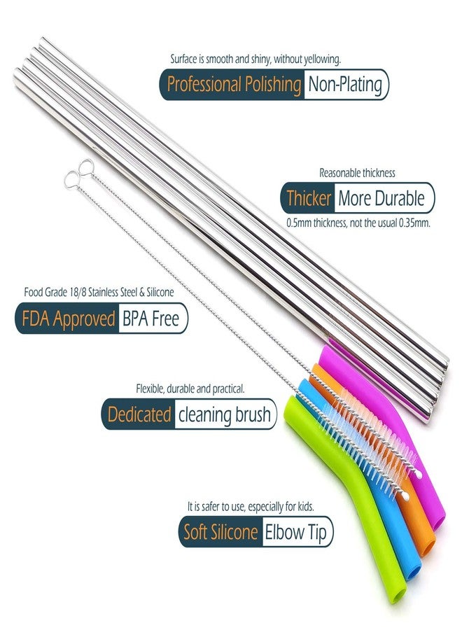 GFDesign Big Drinking Straws Reusable 14.5" Extra Long 8mm Extra Wide Food-Grade 18/8 Stainless Steel Silicone Elbows Tips for Smoothie Milkshake Cocktail Juice Hot Drinks - Set of 4 + 2 Cleaning Brushes - Image 3