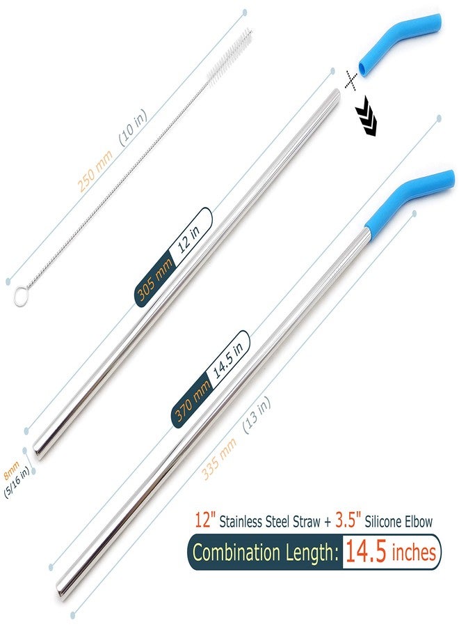 GFDesign Big Drinking Straws Reusable 14.5" Extra Long 8mm Extra Wide Food-Grade 18/8 Stainless Steel Silicone Elbows Tips for Smoothie Milkshake Cocktail Juice Hot Drinks - Set of 4 + 2 Cleaning Brushes - Image 2