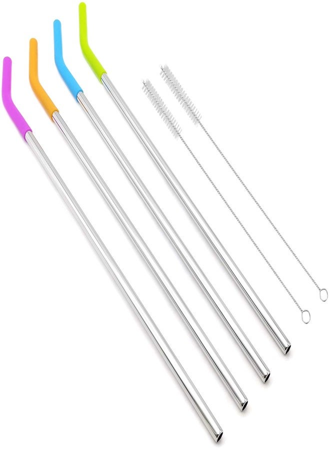GFDesign Big Drinking Straws Reusable 14.5" Extra Long 8mm Extra Wide Food-Grade 18/8 Stainless Steel Silicone Elbows Tips for Smoothie Milkshake Cocktail Juice Hot Drinks - Set of 4 + 2 Cleaning Brushes - Image 1