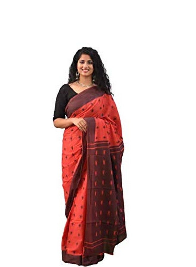 Kiaaron Women's Hand Block Kalamkari Batik Bagru Jaipuri Ikat Printed Handloom Pure Cotton Mulmul Traditional Ethnic Cotton Sarees With Printed Blouse Piece - Orange_Brown - Image 1