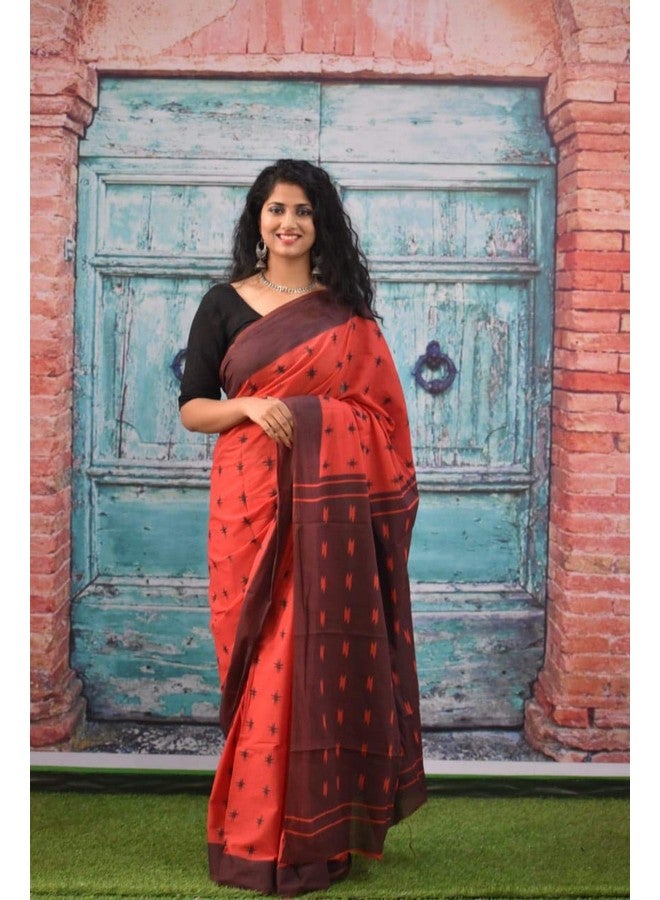 Kiaaron Women's Hand Block Kalamkari Batik Bagru Jaipuri Ikat Printed Handloom Pure Cotton Mulmul Traditional Ethnic Cotton Sarees With Printed Blouse Piece - Orange_Brown - Image 2