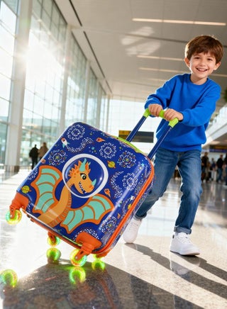 Travel Luggage for Kids, 18-inch Carry-On Luggage, Kid's Luggage Trolley with 360° Glowing Light-Up Wheels, Adjustable Handle, Kids-Friendly Sized Cabin Suitcase with Name Tag
