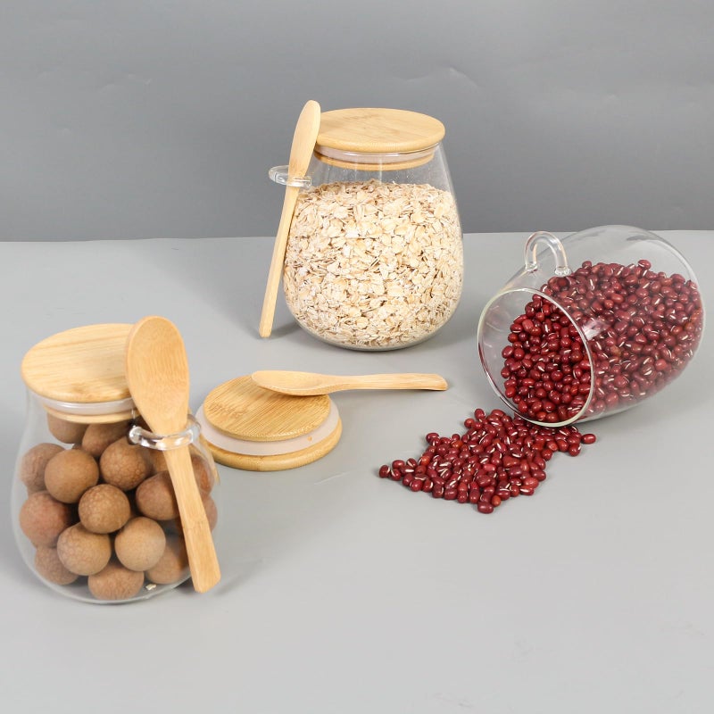 wangsdjy Glass Storage jars with Bamboo Lids and Spoon -16 oz Airtight Storage Containers Glass jar,Wide Mouth,Leak-Proof,Comes Suitable for Coffee Beans, Tea Leaves,Grains, Dried Fruits (Small2PCS) - Image 5