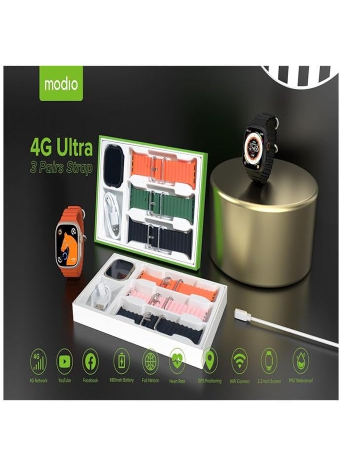 modio Modeo 4G Ultra Max Smart Watch 2.2" HD 3 Pairs Bracelet with SIM Card Support for Mobile with Google Play Support for All Apps 64 GB - Image 4