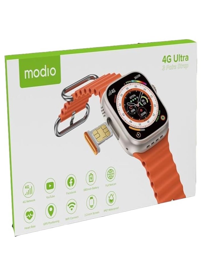 modio Modeo 4G Ultra Max Smart Watch 2.2" HD 3 Pairs Bracelet with SIM Card Support for Mobile with Google Play Support for All Apps 64 GB - Image 3