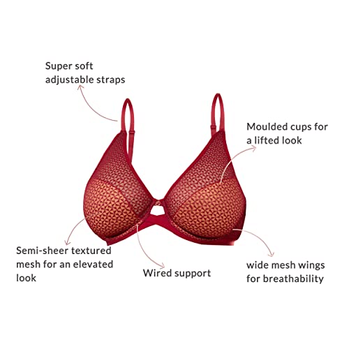 NYKD Everyday Textured Lace Support Bra for Women Daily Use Non-Padded, Wired, Full Coverage Bra, NYB140, Red, 32DD, 1N - Image 5