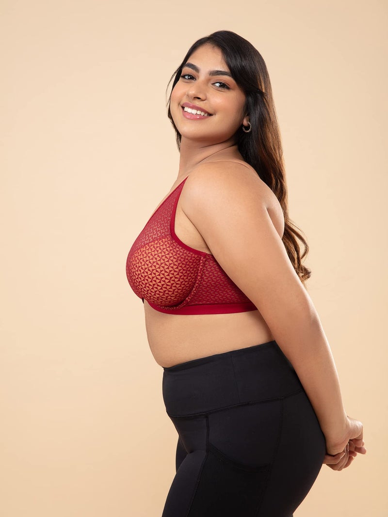 NYKD Everyday Textured Lace Support Bra for Women Daily Use Non-Padded, Wired, Full Coverage Bra, NYB140, Red, 32DD, 1N - Image 3