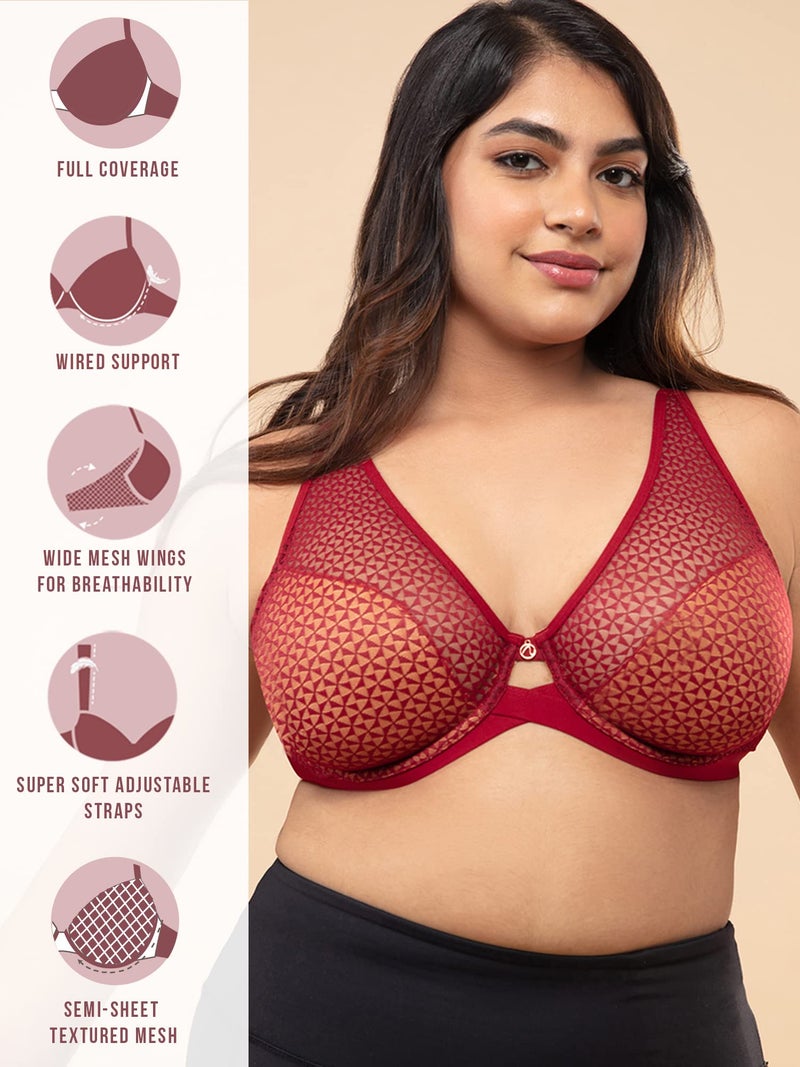 NYKD Everyday Textured Lace Support Bra for Women Daily Use Non-Padded, Wired, Full Coverage Bra, NYB140, Red, 32DD, 1N - Image 2