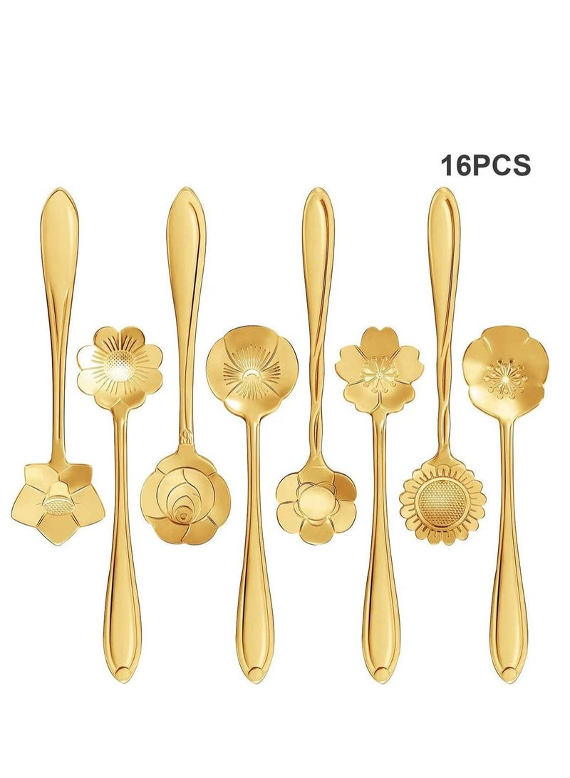 NIBEMINENT Stainless Steel Gold Leaf Coffee Spoon 16 Pcs Creative Tableware Dessert Spoons, Stirring, Mixing, Sugar, Stir, Ice Cream, Cake, Teaspoon Set (Gold-16Spoon) - Image 1