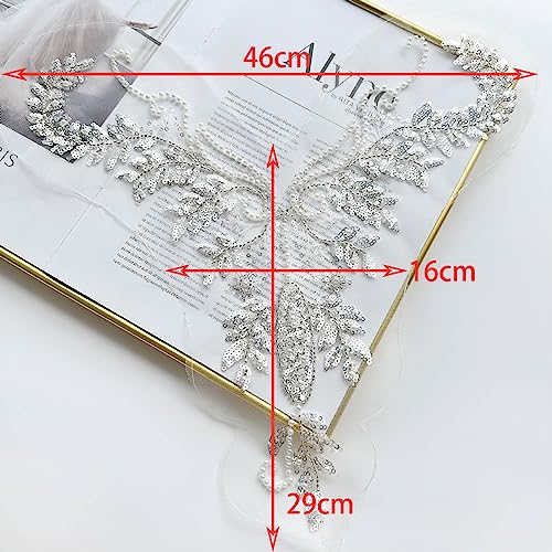 JRYYR White Rhinestone Applique,Lace Appliques for Wedding Gowns, Dress, Stage Gowns, Costumes Neckline DIY Decoration Beaded Applique (Styles-1) - Image 3
