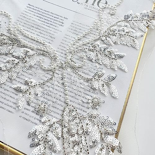 JRYYR White Rhinestone Applique,Lace Appliques for Wedding Gowns, Dress, Stage Gowns, Costumes Neckline DIY Decoration Beaded Applique (Styles-1) - Image 4