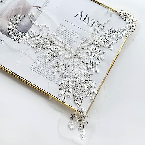 JRYYR White Rhinestone Applique,Lace Appliques for Wedding Gowns, Dress, Stage Gowns, Costumes Neckline DIY Decoration Beaded Applique (Styles-1) - Image 5
