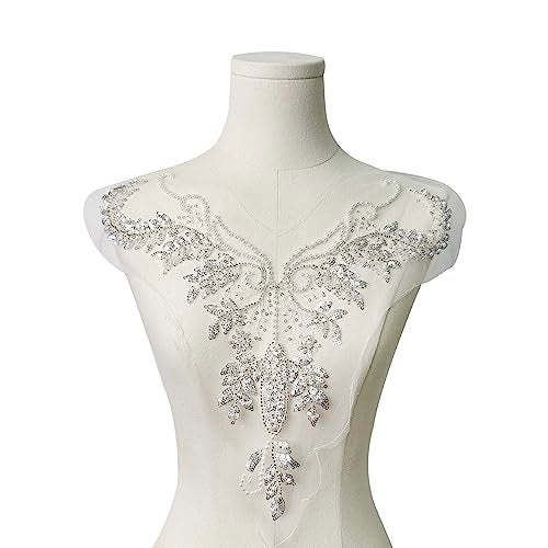 JRYYR White Rhinestone Applique,Lace Appliques for Wedding Gowns, Dress, Stage Gowns, Costumes Neckline DIY Decoration Beaded Applique (Styles-1) - Image 1