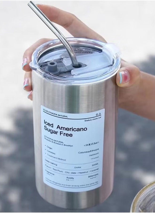 Generic - Stainless Steel Vacuum Insulated Coffee Mug Tumbler With Lid And Straw Double Drinking Cap Portable Insulated Cup Coffee Travel Mug For Car Home Office Party Camping 600ML Sliver - Image 1