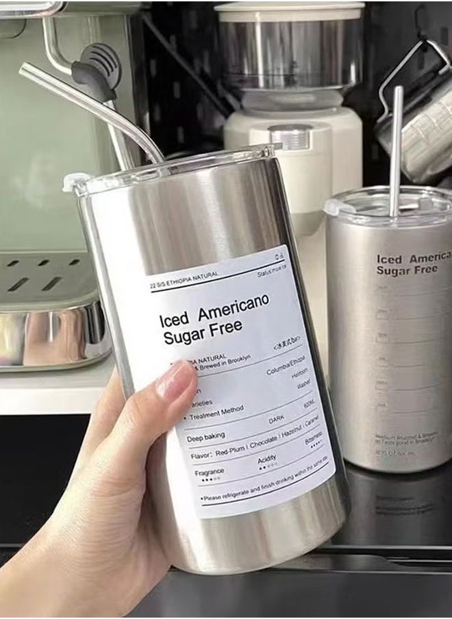 Generic - Stainless Steel Vacuum Insulated Coffee Mug Tumbler With Lid And Straw Double Drinking Cap Portable Insulated Cup Coffee Travel Mug For Car Home Office Party Camping 600ML Sliver - Image 1