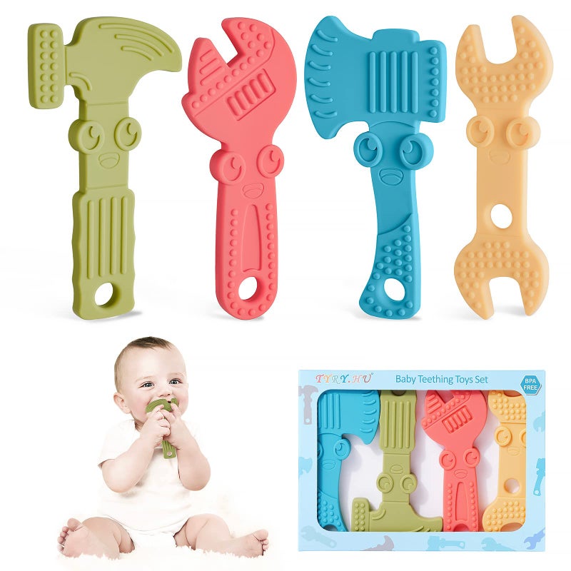 TYRY.HU Baby Teething Toys for Babies 0-6 Months 6-12 Months, BPA Free Silicone Baby Molar Teether Chew Toys, Hammer Wrench Spanner Pliers for Boys Girls, Soft-Textured, Easy to Hold & Clean, 4 Packs - Image 1