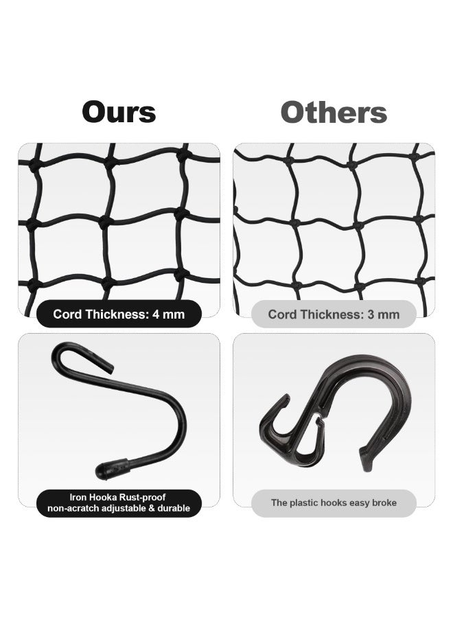 1 Pack Motorcycle Cargo Net Heavy Duty Stretchable Elastic Bungee Net with 6 Adjustable Metal Hooks Thick 3x3 Small Mesh 15.7x15.7 Stretches to 31.5x31.5 Helmet Luggage Storage for Bike, Moped,  ATV Quad, Canoe - Image 4