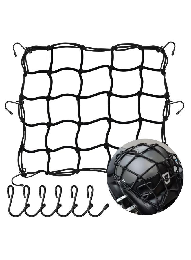 1 Pack Motorcycle Cargo Net Heavy Duty Stretchable Elastic Bungee Net with 6 Adjustable Metal Hooks Thick 3x3 Small Mesh 15.7x15.7 Stretches to 31.5x31.5 Helmet Luggage Storage for Bike, Moped,  ATV Quad, Canoe - Image 1
