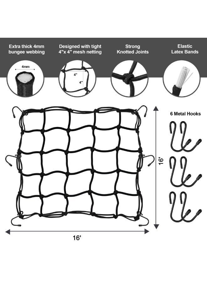 1 Pack Motorcycle Cargo Net Heavy Duty Stretchable Elastic Bungee Net with 6 Adjustable Metal Hooks Thick 3x3 Small Mesh 15.7x15.7 Stretches to 31.5x31.5 Helmet Luggage Storage for Bike, Moped,  ATV Quad, Canoe - Image 2