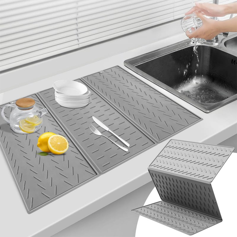 Supvox Kitchen Dry Mat Triple Fold Silicone Utility Mat Grooved Surface Dry Mat Dishes Drain Mat Heat Resistant Countertop Protector Mat Antislip Silicone Table Mat with Hanging Hole 2416in - Image 1