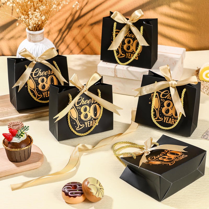 Clysee 25 Pcs Mini Birthday Gift Bags with Handles Black and Gold Party Favor Bags Bulk for Birthday Wedding Anniversary Supplies Decorations, 5.51 x 2.36 x 4.72 Inches (Cheers to 80) - Image 4