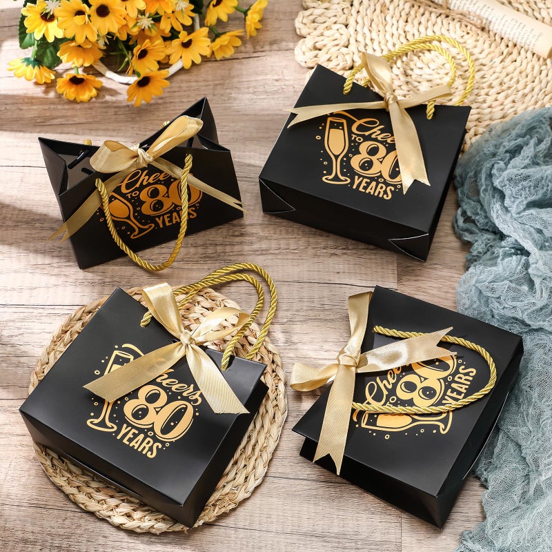 Clysee 25 Pcs Mini Birthday Gift Bags with Handles Black and Gold Party Favor Bags Bulk for Birthday Wedding Anniversary Supplies Decorations, 5.51 x 2.36 x 4.72 Inches (Cheers to 80) - Image 3